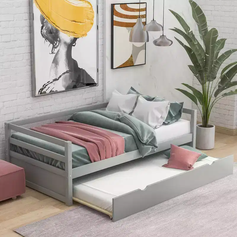 Solid Wood Frame Twin Daybed with Pull Out Trundle, Captains Bed Twin Bed Frame for Living Room, Gray