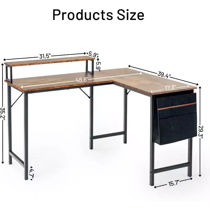FurnitureR L Shaped Computer Desk Reversible, Corner Desk with Storage Bag, Home Office Desk Writing L Table 48.8 Inch Computer Desk with Shelf, Brown