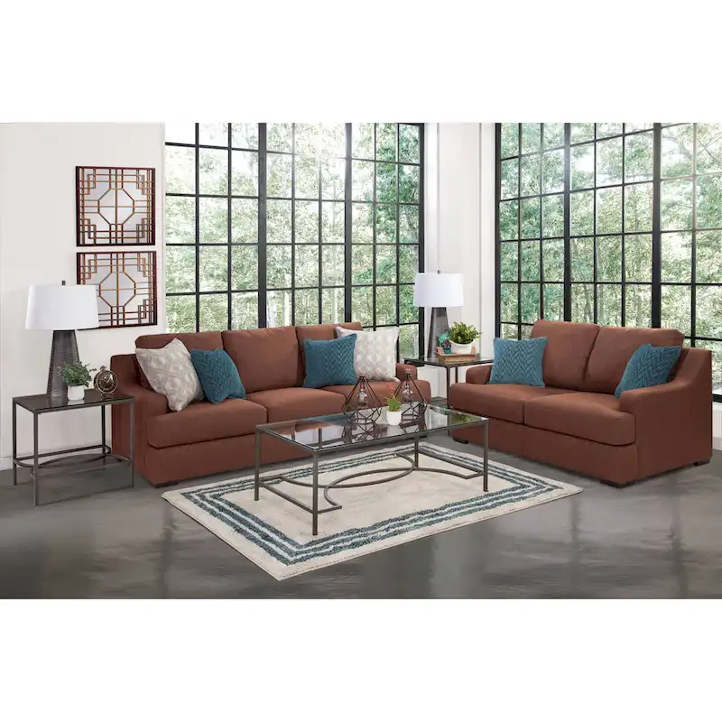 Brown Fabric Transitional Loveseat with Teal Accent Pillows