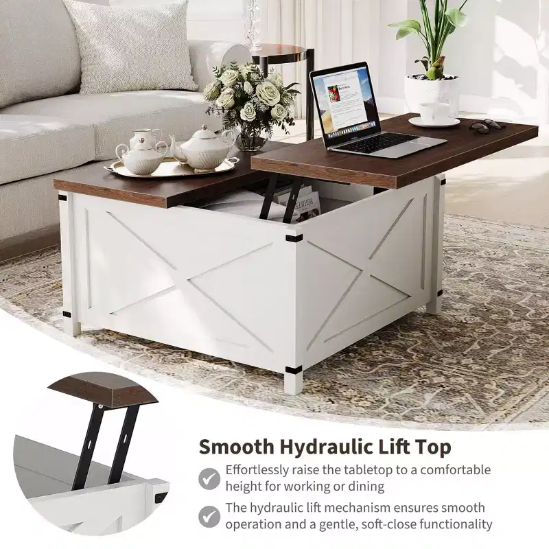 Farmhouse Coffee Table with Lift Top, 31.5 Inch Square Rustic Cocktail Table with Storage, x-Shaped Design & Industrial Metal Accents