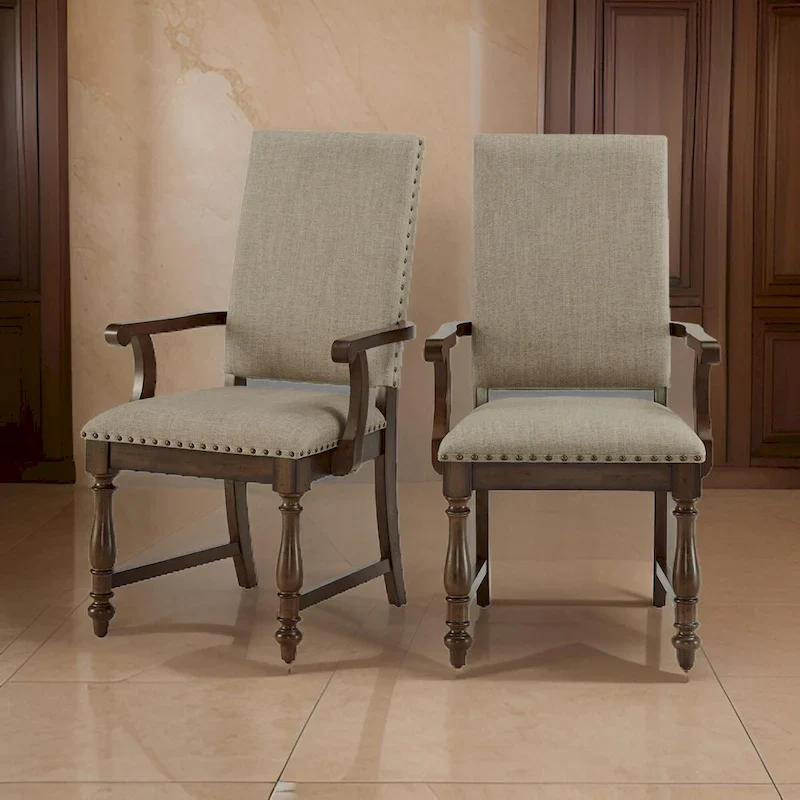 26 Inch Dining Armchair, Beige Polyester, Nailheads, Brown Solid Wood