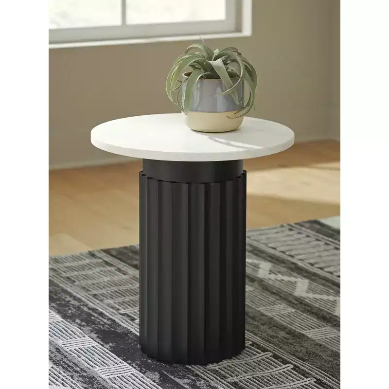 Signature Design by Ashley Wainstone Modern Accent Table - Small Side Table with White Marble Top and Black Metal Base