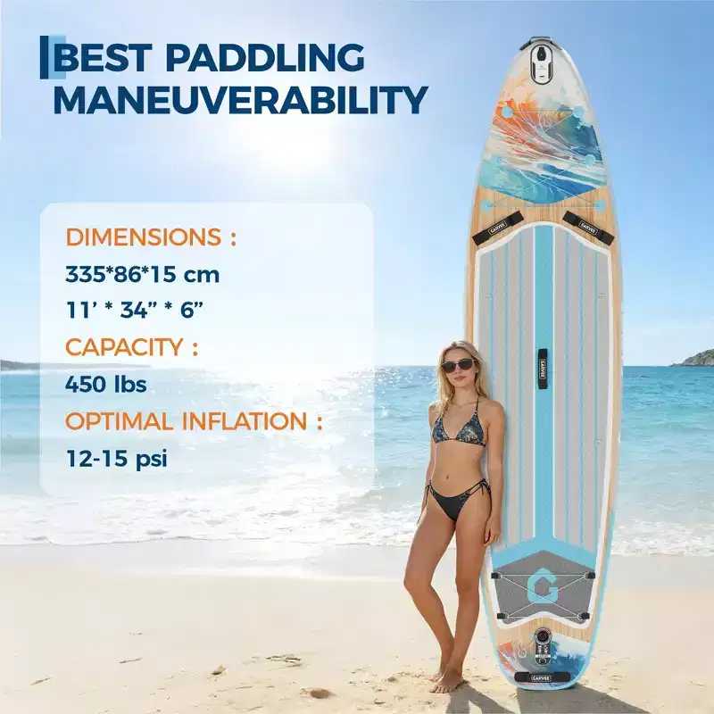 Inflatable Paddle Board PVC 335 Gradient Light Wood Grain Stand-Up Paddle Board with Paddle, Backpack, Air Pump and Logo