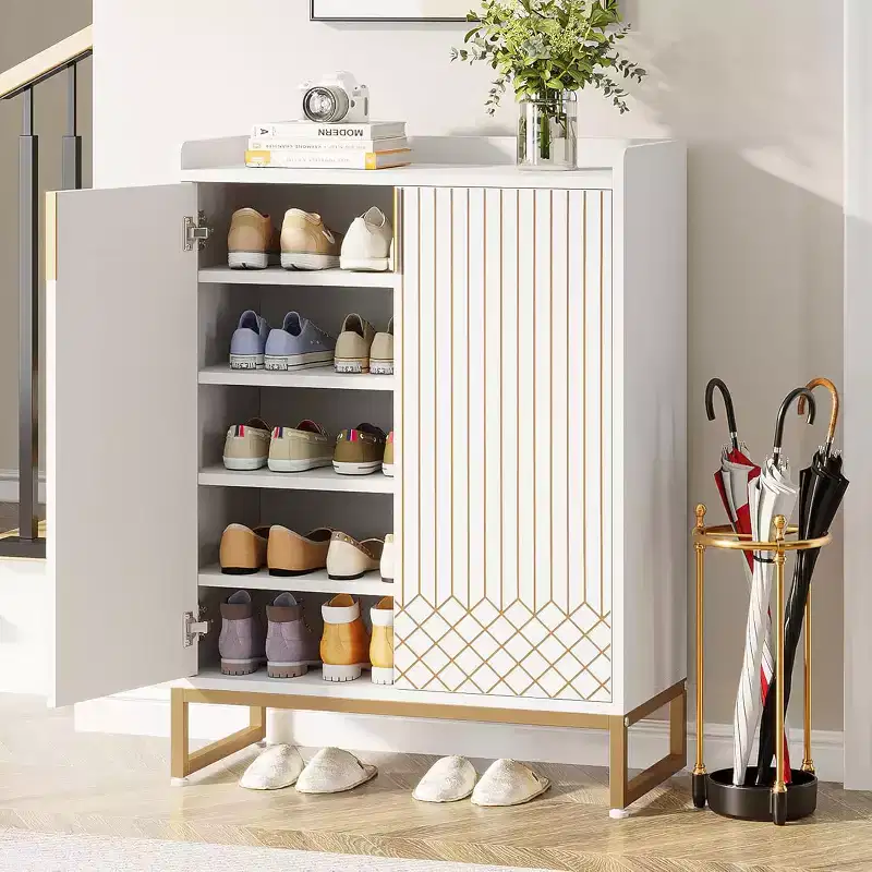 Lantine 5-Tier Wooden Shoe Cabinet with Doors, Stores 25 Pairs, Modern White Organizer for Entryway, Living Room, Bedroom, Hallway, Closet.