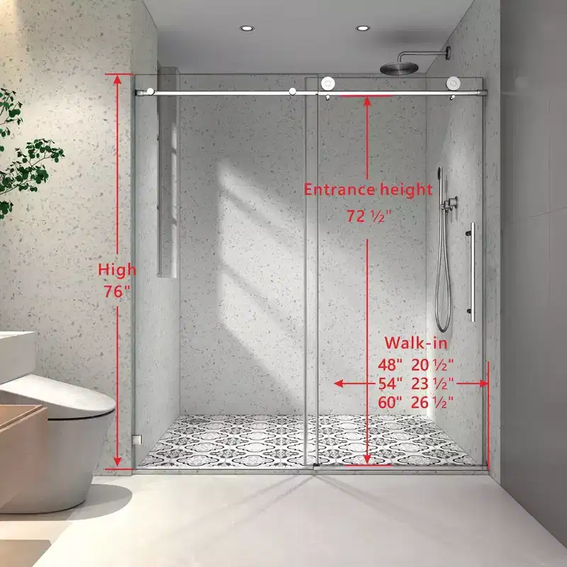 PexFix 76 in.x 60 in. Frameless Single Sliding Shower Door 8mm Tempered Glass With Adjustable Soft Closing Design for Spa Bathroom Brushed Nickel