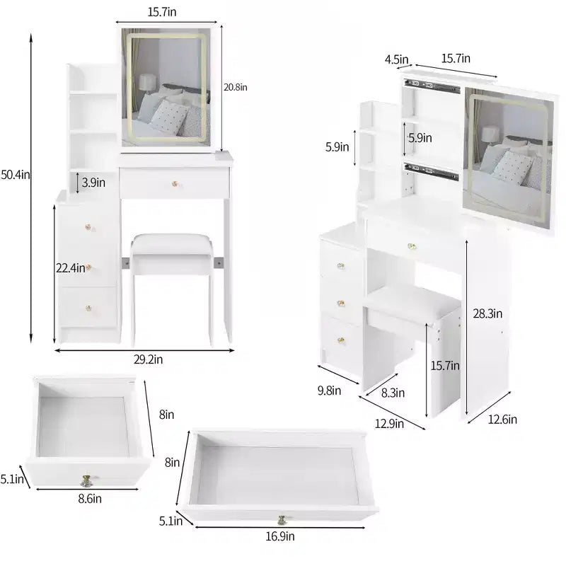 Okak Vanity Table and Chair Set, 29.2 Small Left Bedside Cabinet Vanity Table with Extra Large Touch Control Sliding LED Mirror, White