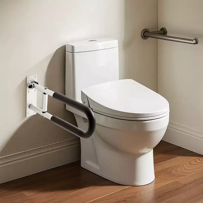 VEVOR Toilet Safety Rail, 23.8 Inch U-Shaped Handicap Grab Bar, Foldable Senior Safety Pole, Flip Up Toilet Grab Bar, Silver+Black
