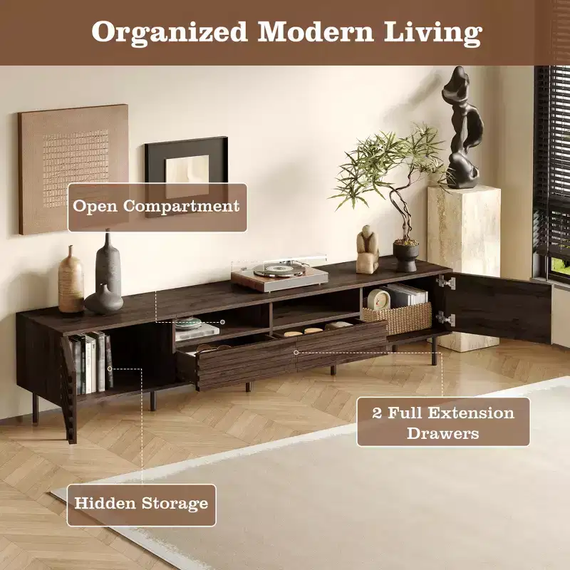 78 TV Stand for TVs up to 85, TV Console Media Console Brown TV Cabinet Media Entertainment Center with Slatted Soft-close Door - ModernLuxe