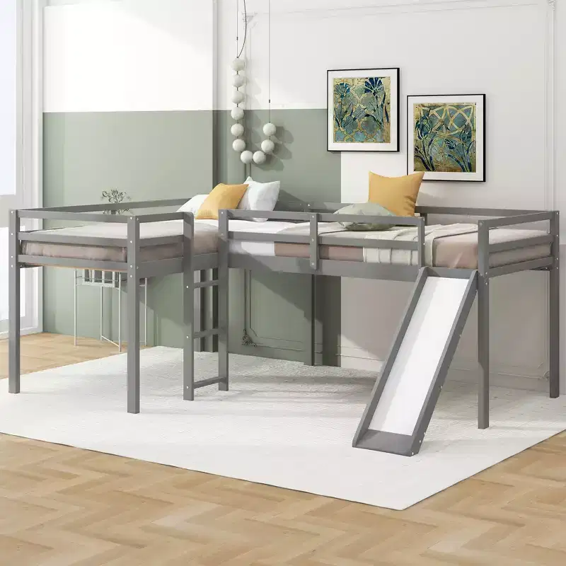 Whisen 118.2Lx77.8W Wood L-Shaped Twin Size Loft Bed with Ladder and Slide, Space-Saving Design