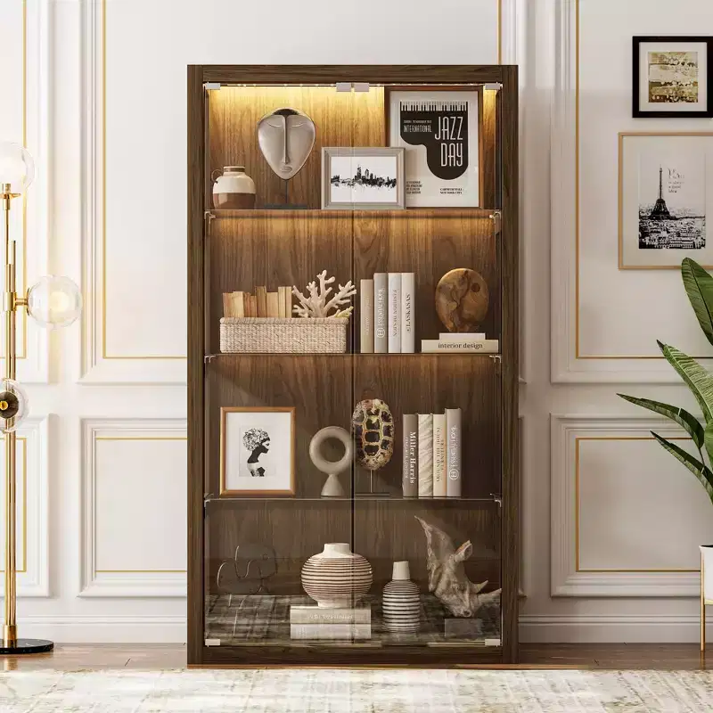 Glass Display Cabinet with LED Lights & Press-to-Open Doors – 63"H, Brown