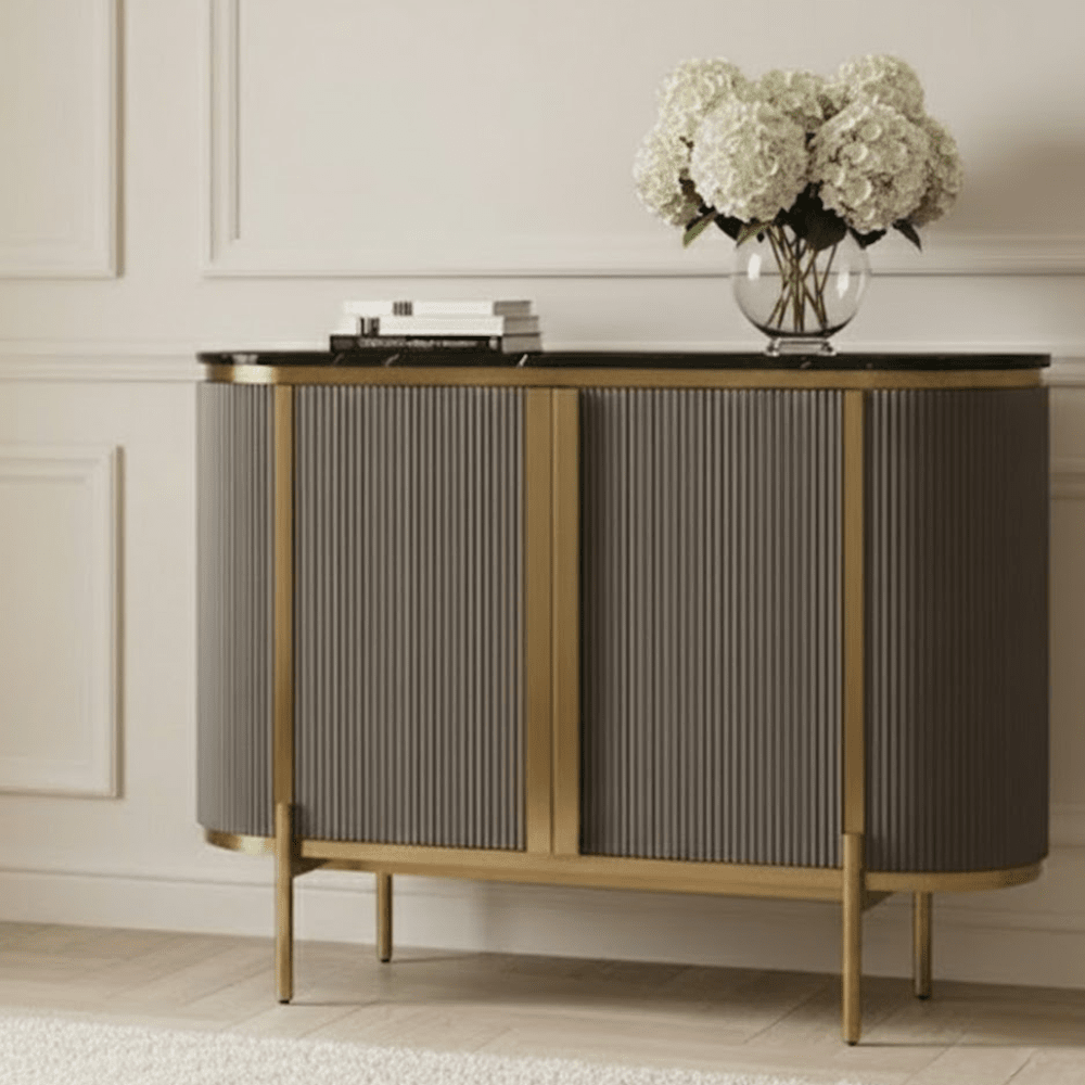 Grey & Gold Ribbed 2 Door Sideboard with Black Marble Top