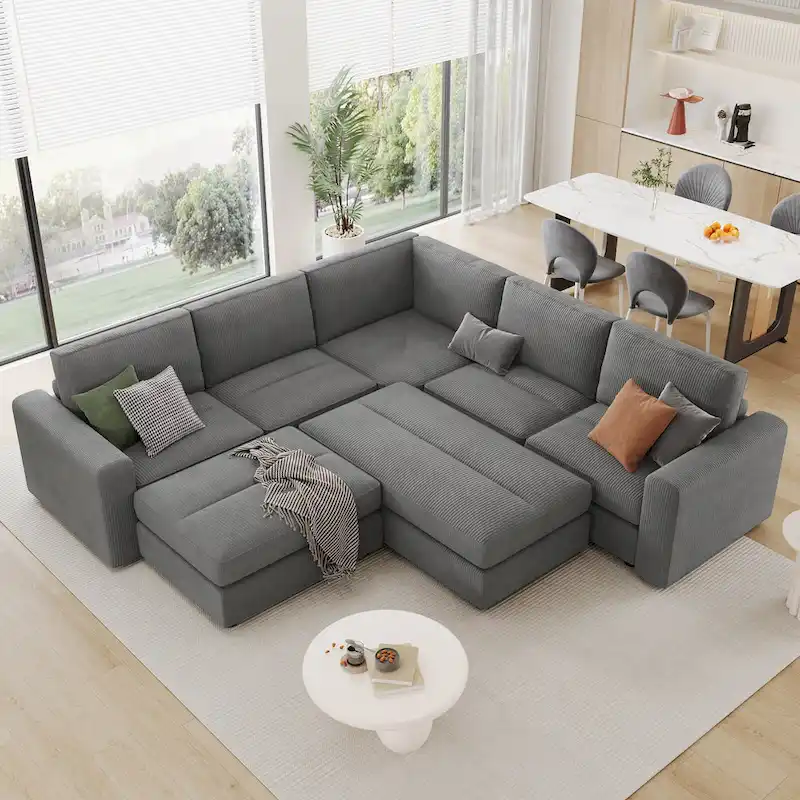 Corduroy Sectional Couch Sofa Bed, Modular Sectional Sofa Sleeper Recliner Sofa Couch with 2 Movable Ottomans for Living Room