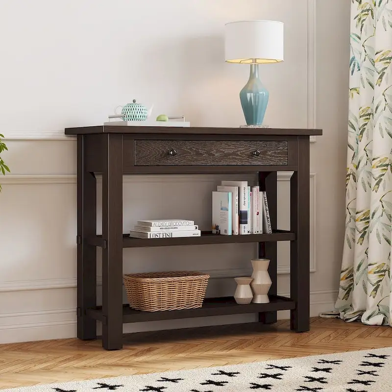 36 Farmhouse Solid Wood Console Table with Drawers and 2 Shelves