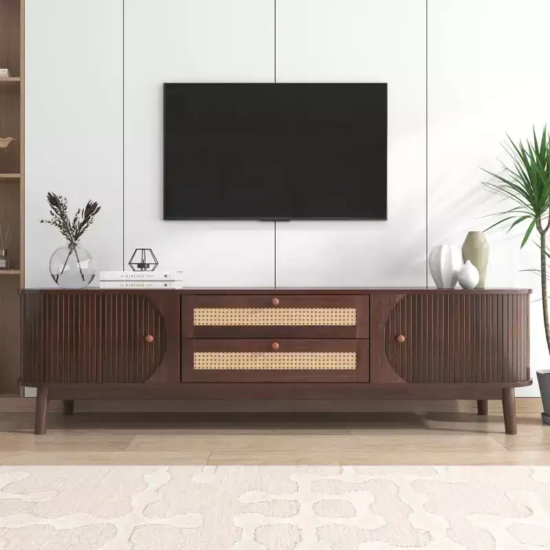 Rattan TV Stand for TVs up to 75, Modern Farmhouse Media Console, Entertainment Center with Solid Wood Legs for Living Room Beige