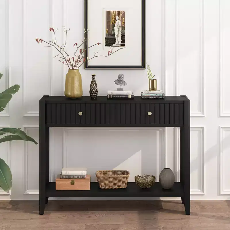 Console Table with Drawers, Narrow Wood Accent Sofa Table Entryway Table with Storage Shelf for Entryway, Front Hall, Hallway, Living Room, Black