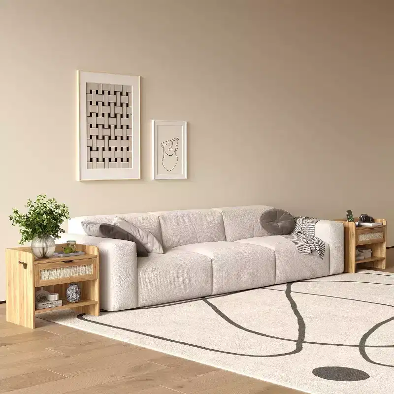 Rattan Nightstand, 23.6 Wide Bedside Table, Nightstand with Type-C Charging Station Suitable for Bedroom, Office, Living Room