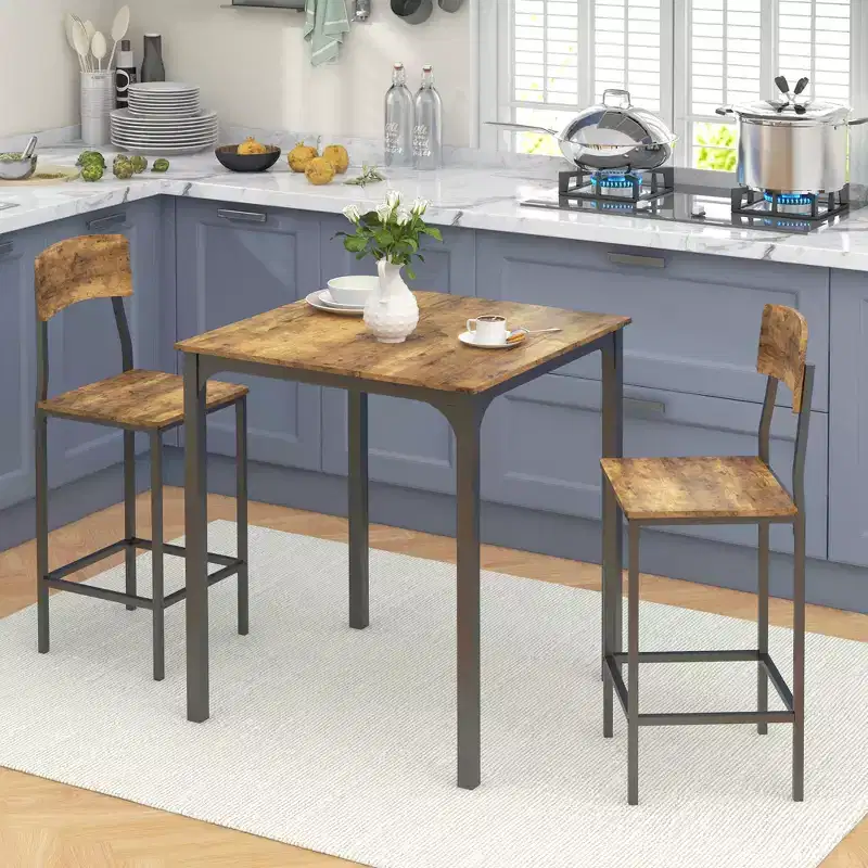 HOMCOM 3 Piece Industrial Counter Height Dining Table Set, Bar Table & Chairs with Steel Legs & Footrests