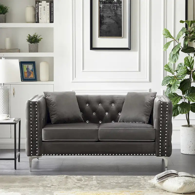 Square Arm Velvet Loveseat with Jeweled buttons and 2 Pillows