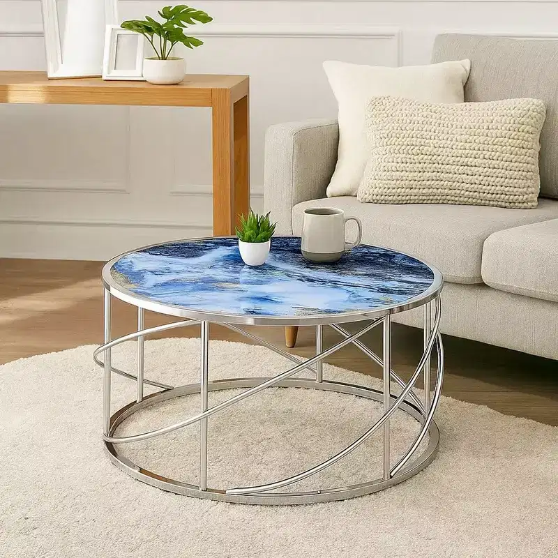 Royal Hampton Round Coffee Table, 33 Inch, Open Chrome Base, Blue Faux Marble