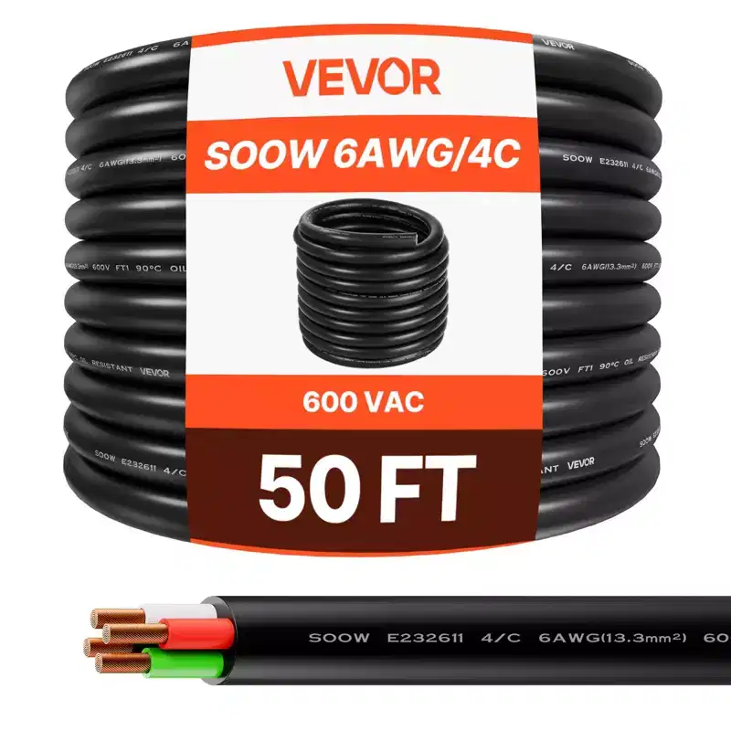 VEVOR 50 FT 6AWG Portable Power Cable (4 Conductor), Heavy Duty 600V SOOW Electrical Power Cable, Industrial Grade Electric Wire, Black