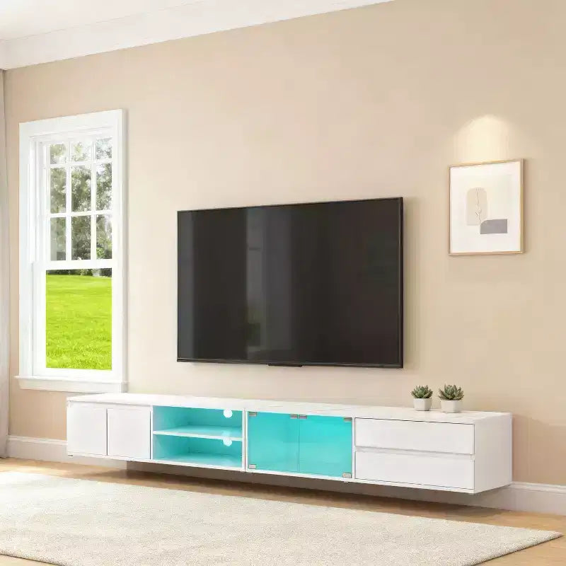 94.5 TV Stand with LED Lights & Storage Cabinets, Supports up to 105 TV, Living Room, White