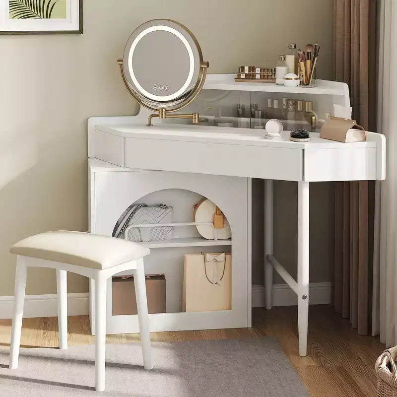 Whisen Corner Makeup Vanity Desk, Modern Vanity Set, Dressing Table with Mirror, Stool and Large Storage - White