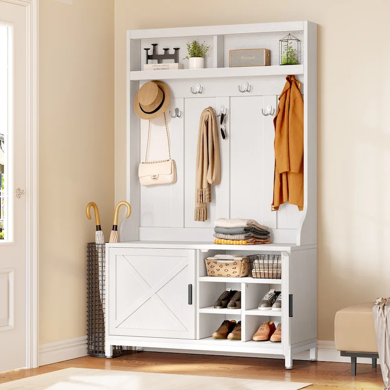 Hall Tree and Coat Rack with Bench and Shoe Storage for Hallway Entryway