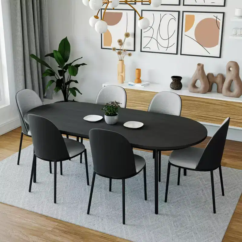 LeisureMod Tule 71 Oval Dining Table - Seats 6-8 - Modern MDF Kitchen Table with Tapered Black Steel Legs