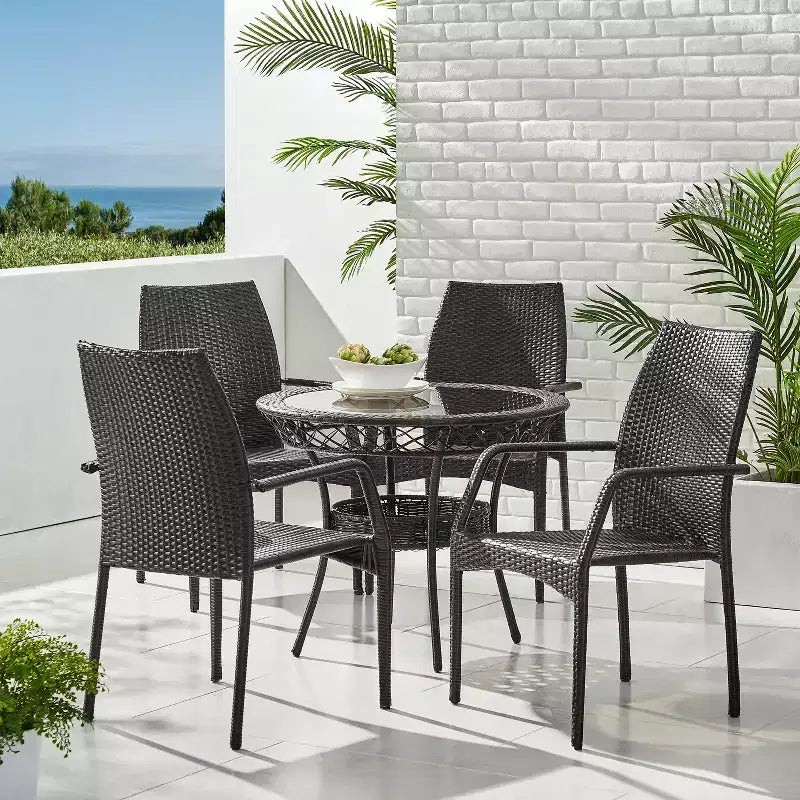 GDFStudio Rue Outdoor Wicker and Tempered Glass 5 Piece Dining Set
