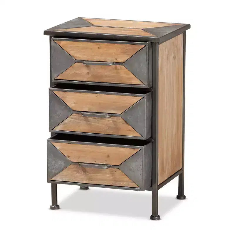Laurel Wood 3 Drawer Nightstand Gray/Brown - Baxton Studio: Antique Metal Frame, Whitewashed Oak, Vintage Style Handle