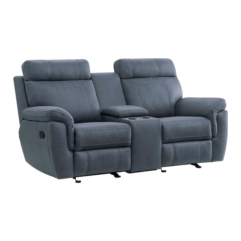 Clif 76 Inch Manual Glider Reclining Loveseat, Solid Wood, Blue Microfiber