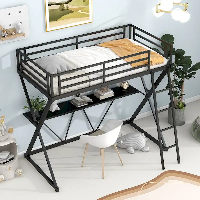 Twin Size Metal Loft Bed with Desk, X-Frame, Ladder and Full Guardrails