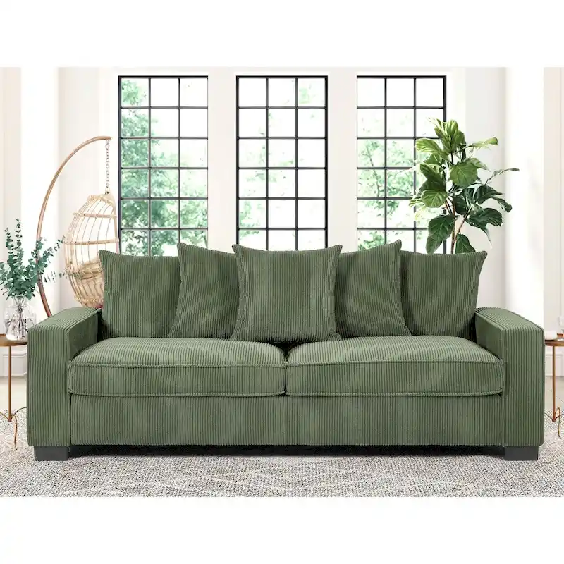 Oversized Corduroy Upholstered Track Arm Sofa with Toss Pillows