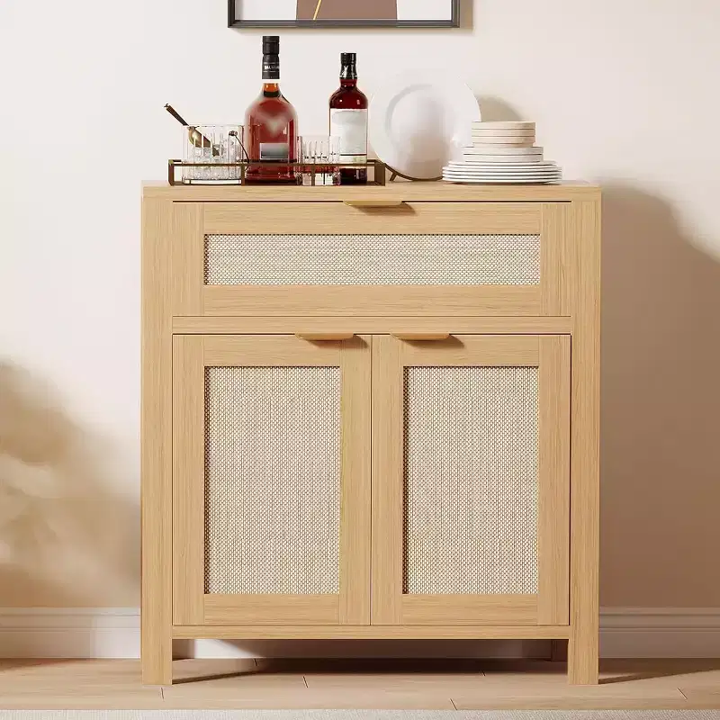 Rattan Sideboard Cabinet, Modern Farmhouses Storage Cabinet with Drawer & 2 Doors, Narrow Coffee Bar Buffet Cabinet for Kitchen Dining Room