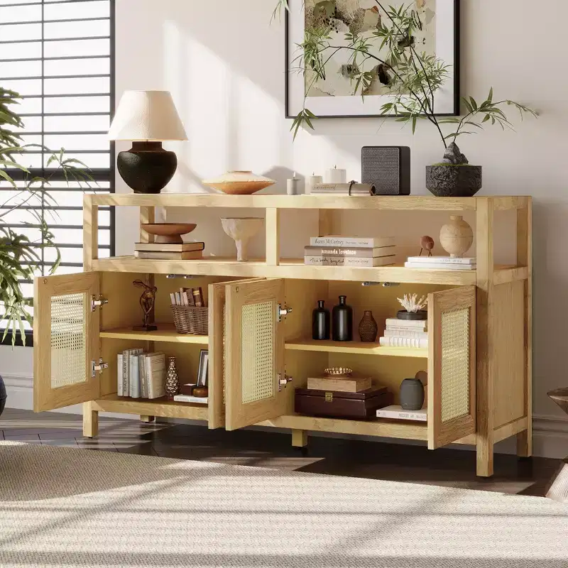 JVNOXK Bohemian-style rattan sideboard with adjustable shelves and solid wood frame, press-to-open design. Ideal for living rooms. Natural color.