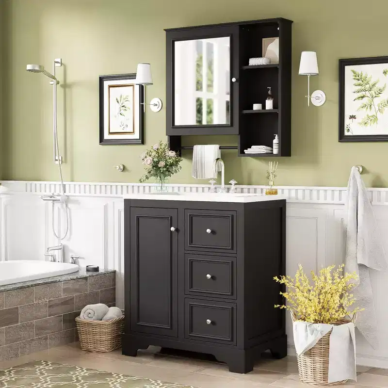 FAMYYT 30 in. Single Sink Freestanding Bath Vanity with White Ceramic Top and Mirror Cabinet, Adjustable Shelves