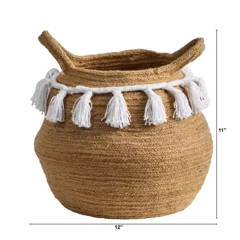 Nearly Natural 11-in Boho Chic Handmade Natural Cotton Woven Basket Planter with Tassels
