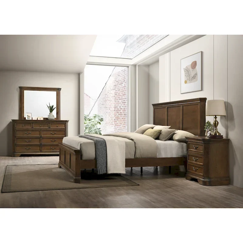 Roundhill Furniture Maderne Traditional Wood Panel Bed with Dresser, Mirror, Nightstand, Antique Walnut Finish