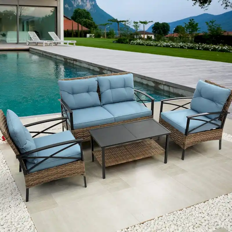 Blue Rattan Wicker Patio 4-Piece Sectional Set with Steel Table