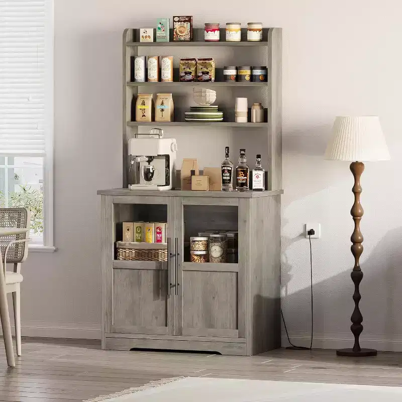 Acekool Kitchen Hutch Cabinet with Outlets & USB, Glass Door Pantry Storage Organizer for Kitchen or Coffee Bar