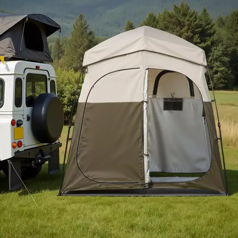 VEVOR Camping Shower Tent, 2-Room Foldable Portable Privacy Tent Changing Room with Ground Stakes, Ropes, and Carry Bag, 150D Oxford Fabric, Brown