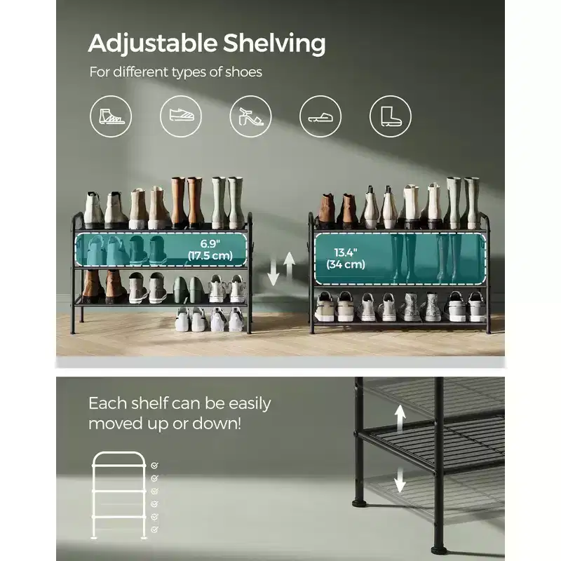 3-Tier Metal Shoe Rack with Side Hooks, Height-Adjustable, Ink Black