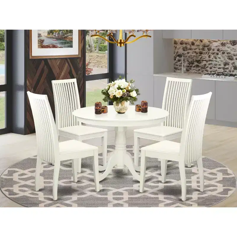 HomeStock Belmont 5-Piece Hartland Set With One Dining Table And Four Wood Seat Dinette Chairs In A Beautiful Linen White Finish