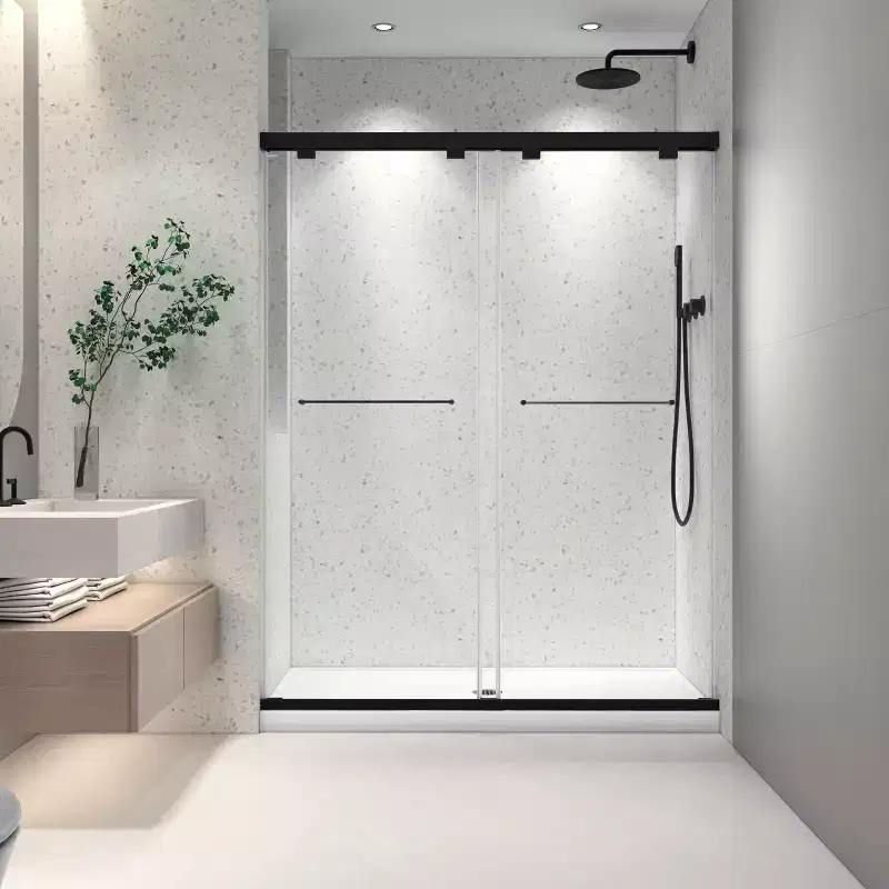 PexFix 76 in.x 60 in. Frameless Double Sliding Shower Door 8mm Tempered Glass With Adjustable Soft Closing Design for Spa Bathroom Clear Matte Black