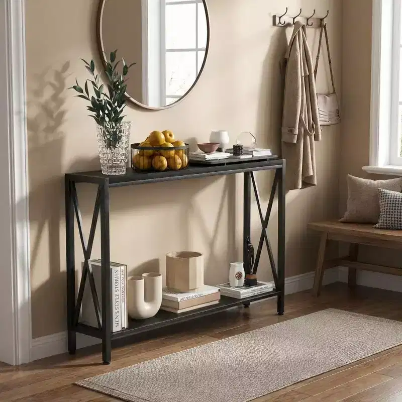 Acekool Industrial Style 2-Shelf Console Table, 43 Inch Narrow Metal Entryway Table, Sofa Side Table for Living Room