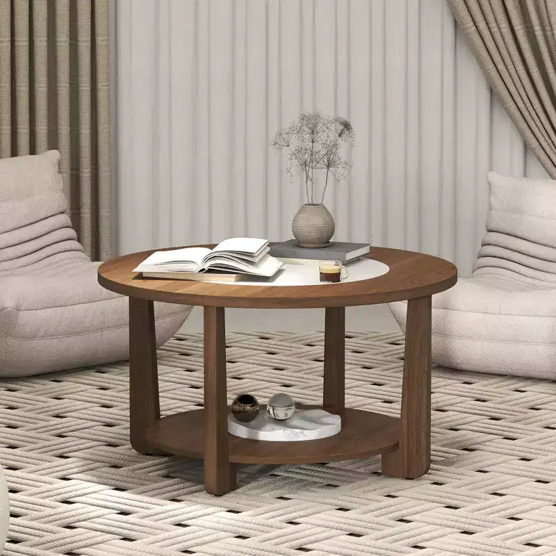 Costway Round Coffee Table w/ 2-Tone Tabletop & Open Storage Shelf Wood Support Legs