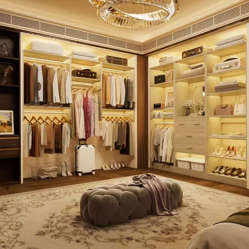 Besiost Walk-In Closet Orangizer with 9 Shelves, Wooden Closet System with Hanging Rods