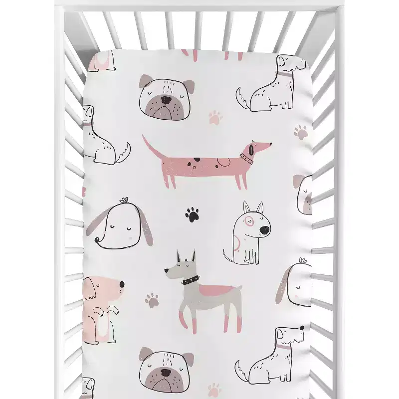 Sweet Jojo Designs Girl Baby Fitted Crib Sheet Cartoon Puppy Dog White and Pink