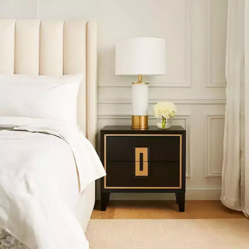 2-Drawer Nightstand, 27 Inch, Espresso Brown with Gold Accents, Solid Wood Blend