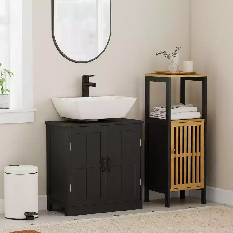 kleankin Pedestal Under-Sink Cabinet, Bathroom Storage Unit with Double Doors and Adjustable Shelf